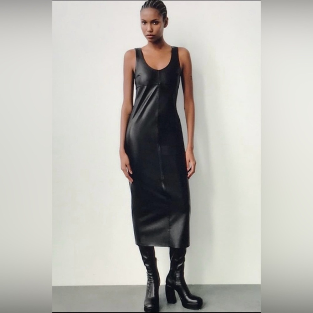ZARA Faux Leather Midi Dress – Black | Size M | Like New